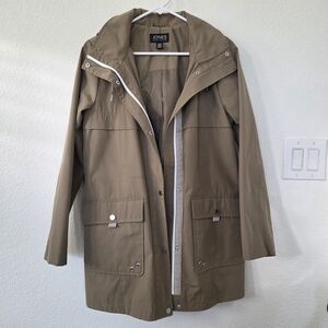 Jones New York Olive Green Utility Rain Trench Jacket Removable Hood Size S